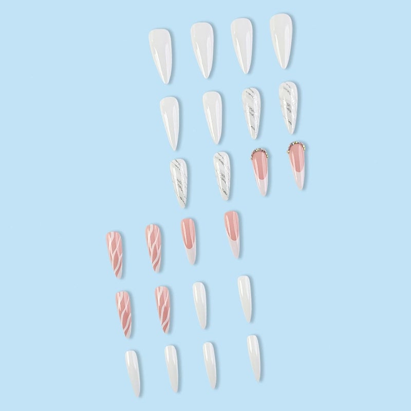 SINHOT Press-On Nails Long Stiletto Rhinestones Glossy Glue-On Almond Acrylic Silver Glitter Swirl Artificial Stick-On False Nails with Design 24 pcs - Image 5